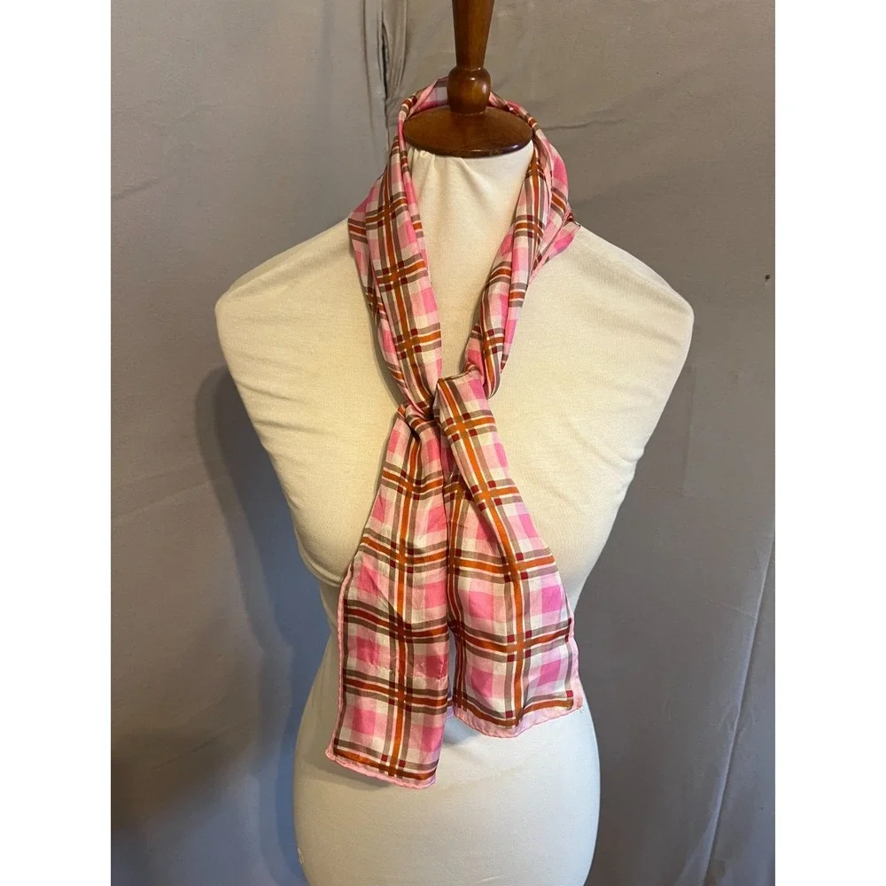 Vintage Glentex 100% Silk Pink Plaid Rectangle Scarf 1960s Mod Twee Checker‎